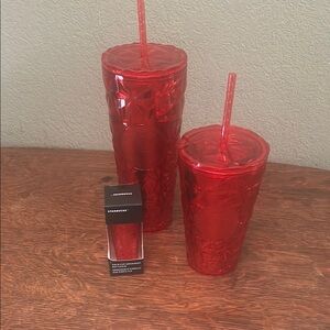 Starbucks Red Faceted 2023 Holiday Cups and Key Chain Set